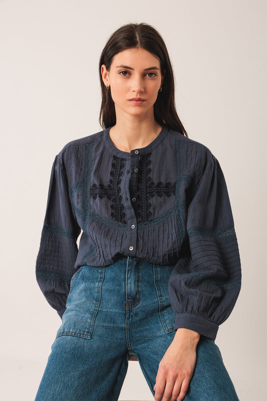 Chemise brodée ethnique - Indigo - vue 1